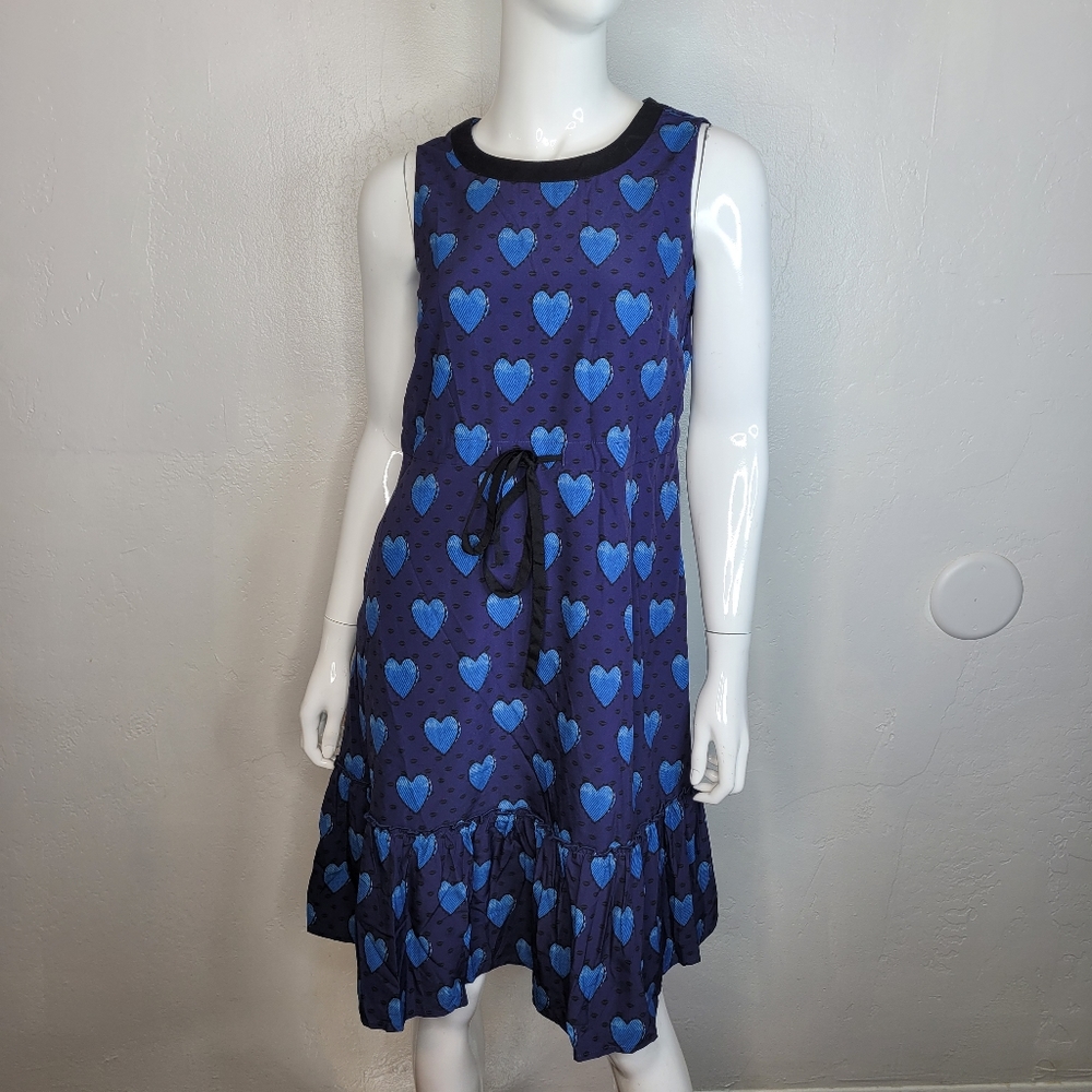 EShakati Dress Navy Heart Print Sleeveless Drawstring Waist Scoop Neck Sz 0
